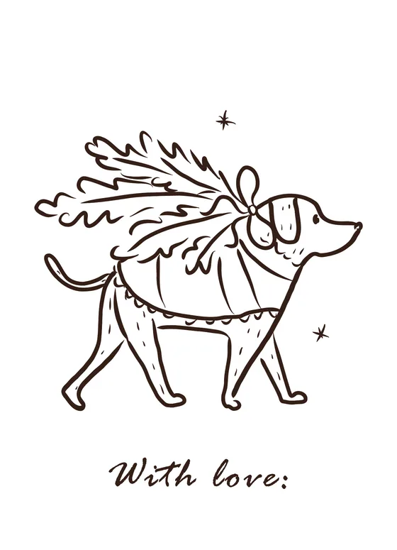 Gift tag “Paseo de pino”: Un perro que lleva el pino a casa. Trazo suelto, tinta café.