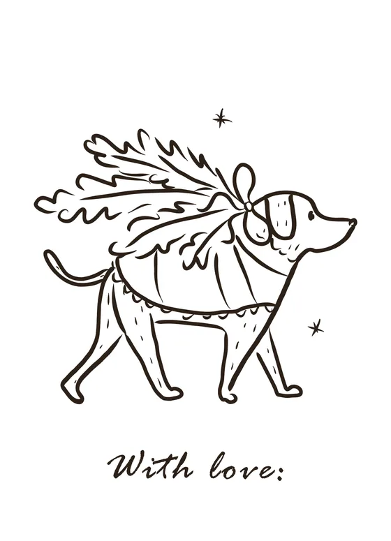 Gift tag “Paseo de pino”: Un perro que lleva el pino a casa. Trazo suelto, tinta café.