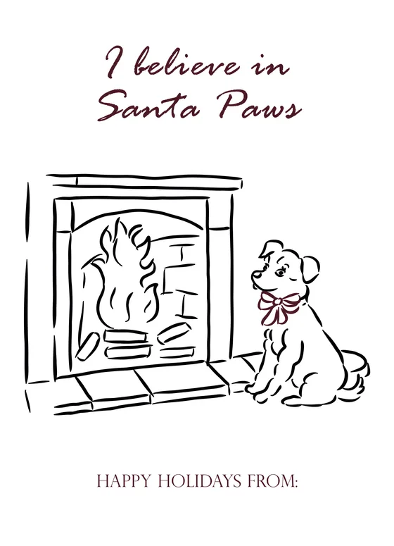 Gift tag “Santa Paws”: Chimenea encendida y un cachorro con moño. Para las casas donde el perro también firma.