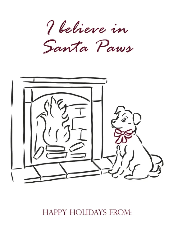 Gift tag “Santa Paws”: Chimenea encendida y un cachorro con moño. Para las casas donde el perro también firma.