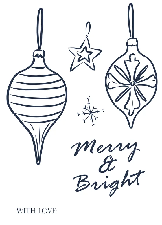 Gift tag “Merry & Bright”: Esferas de vidrio soplado, estrella y copo de nieve en azul noche.