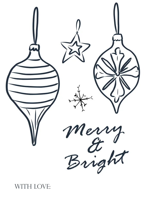 Gift tag “Merry & Bright”: Esferas de vidrio soplado, estrella y copo de nieve en azul noche.