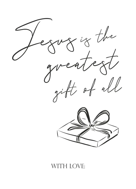 Gift tag “El mejor regalo”: “Jesus is the greatest gift of all”, en caligrafía, con un regalo pequeño al pie.
