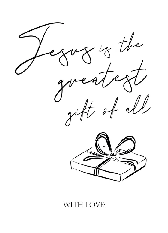 Gift tag “El mejor regalo”: “Jesus is the greatest gift of all”, en caligrafía, con un regalo pequeño al pie.