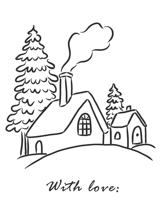 Gift tag “Casa nevada”: Una casa entre pinos, con humo en la chimenea. Para regalos que se entregan de puerta en puerta.